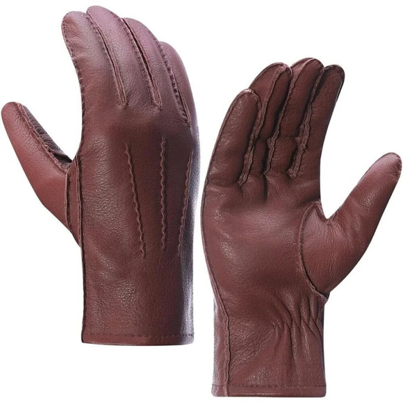 Men's Deerskin Leather Cognac Gloves Winter Dress  Leather Gloves With Warm - Picture 1 of 8